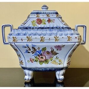 Octagonal Footed Floral 13" Very Large Light Blue Tureen with‎ Lid ~ Video